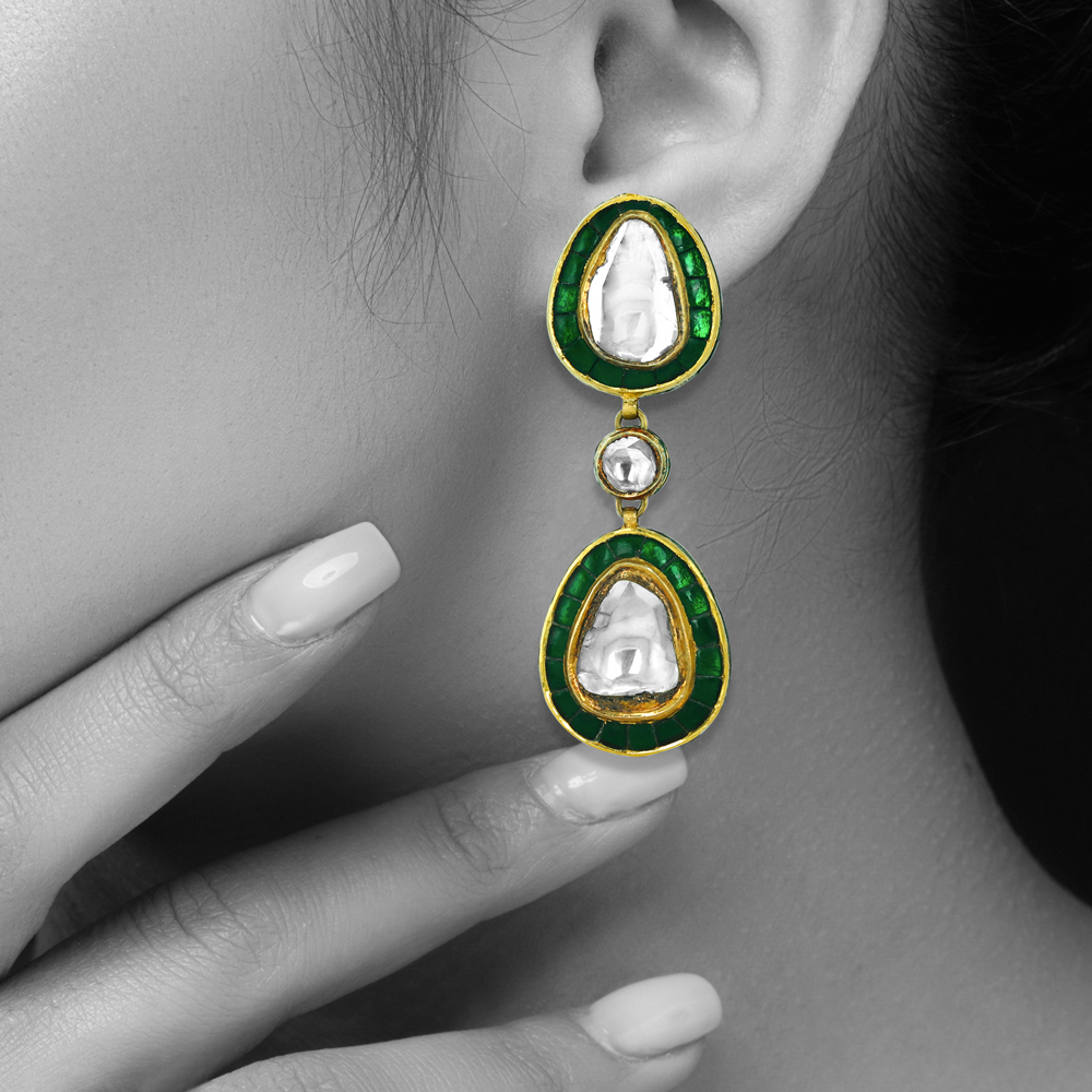 Double-Drop Polki Earrings with Green Chuddi Work